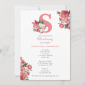 Rosa florale Taufe Christening Baby Girl Initials Einladung (Vorderseite)