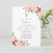 Rosa florale Taufe/Christliche Einladung (Stehend Vorderseite)