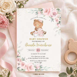 Rosa Florale Teddy-Bär-Teeparty-Baby-Einladung Einladung