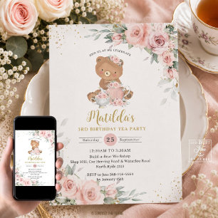 Rosa Florale Teddy-Bär-Teeparty-Geburtstag Einladung
