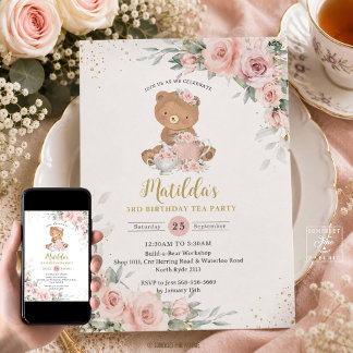 Rosa Florale Teddy-Bär-Teeparty-Geburtstag Einladung