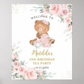 Rosa Florale Teddy-Bär-Teeparty-Geburtstag Poster (Vorne)