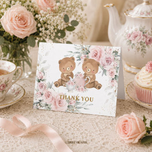 Rosa Florale Teddybären-Teeparty-Geburtstag Dankeskarte
