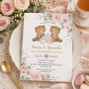 Rosa Florale Teddybären-Teeparty-Geburtstag Einladung