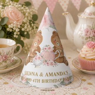 Rosa Florale Teddybären-Teeparty-Geburtstag Partyhütchen