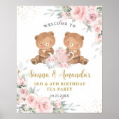 Rosa Florale Teddybären-Teeparty-Geburtstag Poster (Vorne)