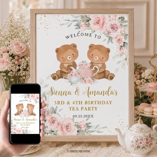 Rosa Florale Teddybären-Teeparty-Geburtstag Poster