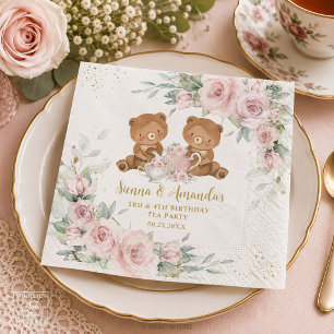 Rosa Florale Teddybären-Teeparty-Geburtstag Serviette