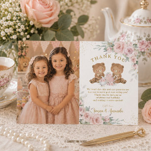 Rosa florale Teddybären Teeparty Geburtstagsfoto Dankeskarte