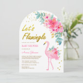 Rosa florale tropische Flamingo Arch Babydusche Einladung (Stehend Vorderseite)