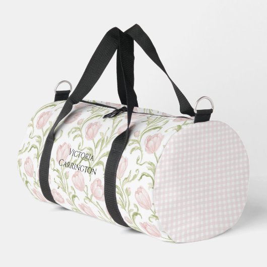 Rosa florale Tulpen Gingham Vintage Duffle Bag (Linke Seite)