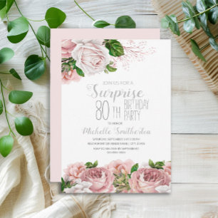Rosa Florale Überraschung zum 80. Geburtstag Einladung