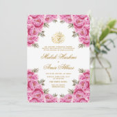 Rosa florale und grüne Leaf islamische Hochzeit Einladung (Stehend Vorderseite)