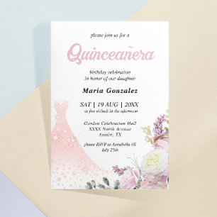  Rosa Florale und Kleid Quinceañera-Einladung Einladung