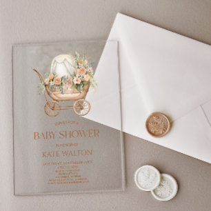 Rosa florale Vintage-Babykutsche Baby Shower Acryleinladungen