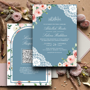 Rosa florale weiche blaue Lace-QR-Code-Muslim-Hoch Einladung