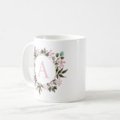 Rosa floraler Circle Frame Monogramm bearbeitbar e Kaffeetasse (Vorderseite Links)