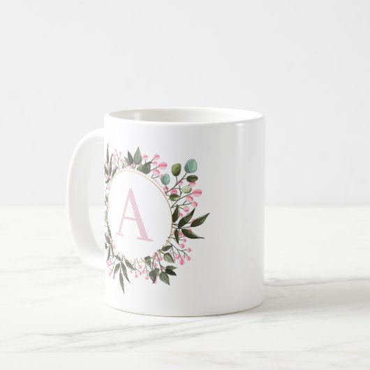 Rosa floraler Circle Frame Monogramm bearbeitbar e Kaffeetasse (Vorderseite Links)
