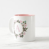 Rosa floraler Circle Frame Monogramm bearbeitbar e Zweifarbige Tasse (Vorderseite Links)