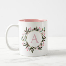 Rosa floraler Circle Frame Monogramm bearbeitbar e Zweifarbige Tasse