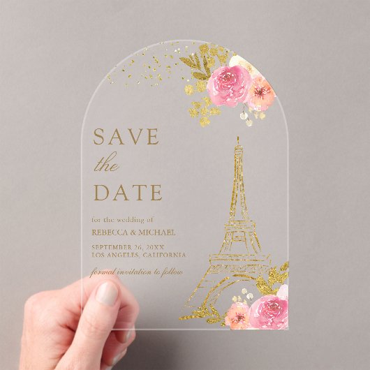 Rosa floraler Eiffelturm Hochzeit retten Datum Acryleinladungen (Insitu (Handheld))