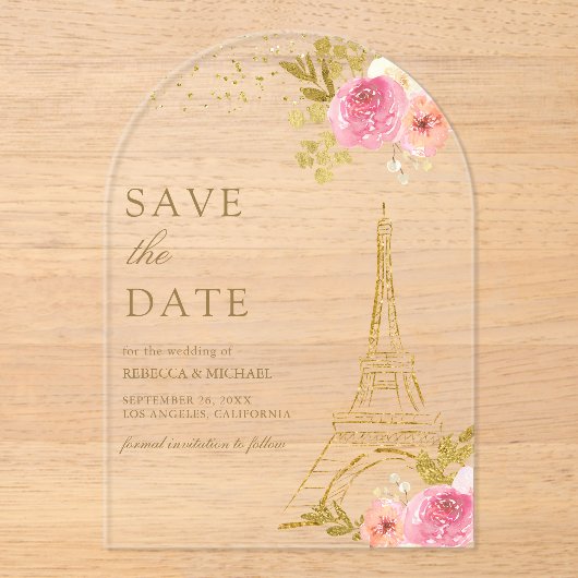 Rosa floraler Eiffelturm Hochzeit retten Datum Acryleinladungen (Vorderseite)