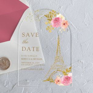 Rosa floraler Eiffelturm Hochzeit retten Datum Acryleinladungen
