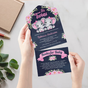 Rosa floraler Elefant Zwillingsmädchen Navy Baby S All In One Einladung