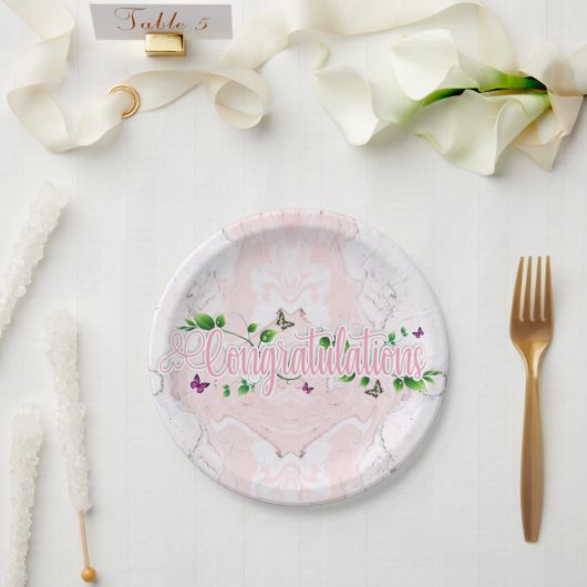 Rosa floraler Gratulationstext Papier-Teller Pappteller (Hochzeit)