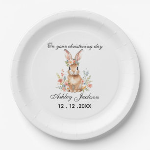 Rosa floraler Hase Personalisierte Taufe  Pappteller