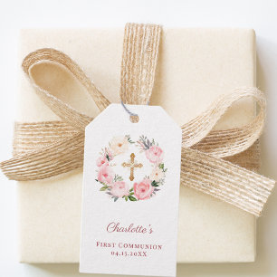 Rosa floraler Kranz Kreuz Erstkommunion DIY Geschenkanhänger