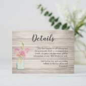 Rosa floraler Mason Jar Rustic Wedding Details Kar Begleitkarte (Stehend Vorderseite)
