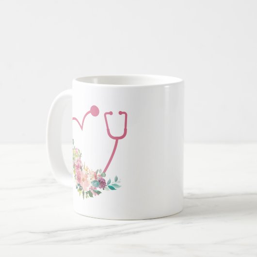 Rosa floraler Stethoskop Herzkrankenarzt Kaffeetasse (Vorderseite Links)