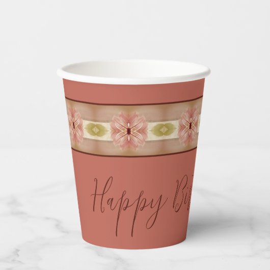 Rosa, floraler Streifen Pappbecher (Vorderseite)