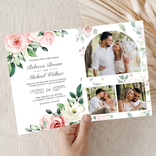 Rosa Florales Alles-in-Einem QR-Code Hochzeit Einladung