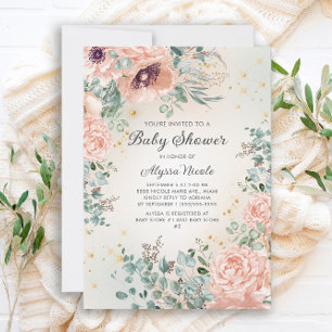 Rosa florales Blattgold Glitter Baby Shower Einladung