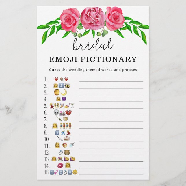 Rosa florales Brautparty-Emoji-Pictionary-Spiel (Vorderseite)