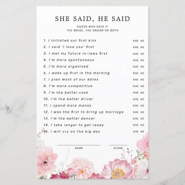 Rosa florales Brautparty sagte sie (Vorderseite)