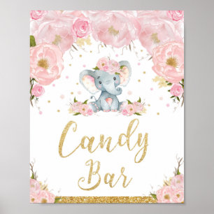 Rosa florales Elefant Baby Shower Süßigkeiten-Bar- Poster