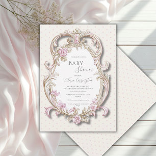 Rosa florales elegante Goldrahmen-Baby-Taufe Einladung