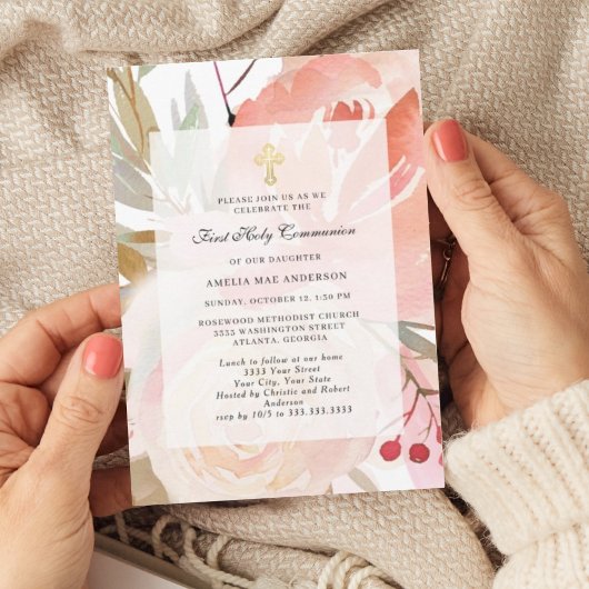 Rosa Florales Erste Heilige Kommunion Einladung
