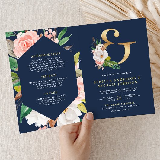 Rosa Florales Et-Zeichen Navy QR-Code Hochzeit Einladung