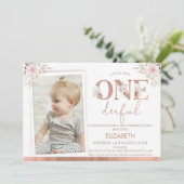Rosa florales Foto Einzigerzeit 1. Geburtstag Einladung (Stehend Vorderseite)