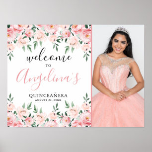 Rosa florales Foto Quinceanera Willkommensschild Poster