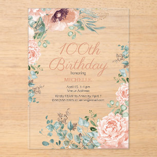 Rosa Florales Gold Glitter 100. Acryl-Geburtstag Acryleinladungen
