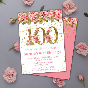 Rosa Florales Gold Glitter 100. Geburtstagsfeier Einladung