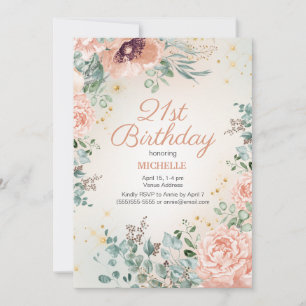 Rosa Florales Gold Glitter 21. Geburtstag Einladung