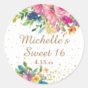 Rosa Florales Gold Glitter Sweet 16 Geburtstagsnam Runder Aufkleber