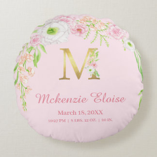 Rosa florales goldenes Monogramm "M" Baby Girl Sta Rundes Kissen