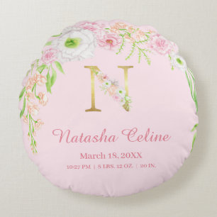 Rosa florales goldenes Monogramm "N" Baby Girl Sta Rundes Kissen